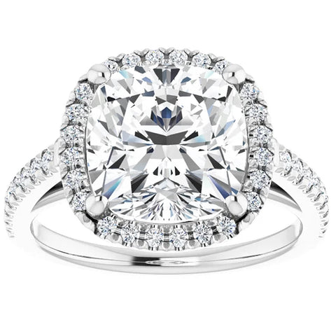 G/VS 3.50Ct Cushion Moissanite & Lab Diamond Halo Engagement Ring White Gold