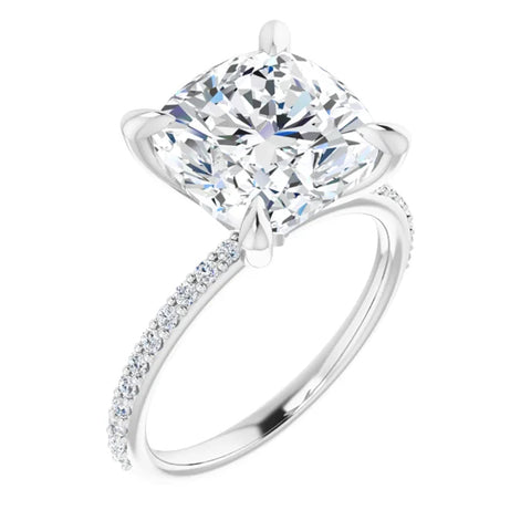 3 1/2 Cushion Moissanite and Diamond Engagement Ring 14k White Gold
