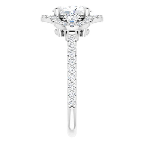 1 3/4 Ct Three Stone Halo Diamond & Oval Moissanite Engagement Ring White Gold