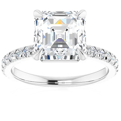 G/VS 3.33Ct Asscher Cut & Diamond Engagement Ring in White, Yellow, or Rose Gold
