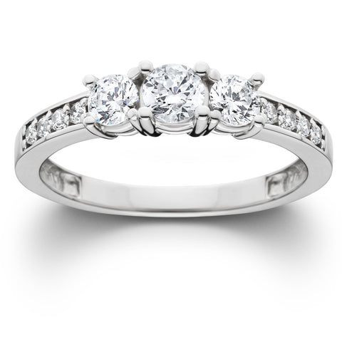 1 Ct T.W. Round Cut Natural Diamond Three Stone Engagement Ring 14K White Gold