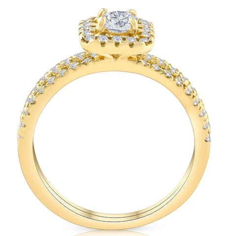 5/8 Ct TDW Diamond Cushion Halo Engagement Wedding Ring Set Yellow Gold