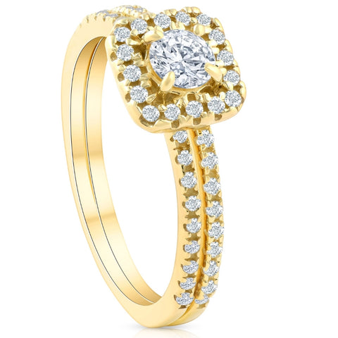 5/8 Ct TDW Diamond Cushion Halo Engagement Wedding Ring Set Yellow Gold