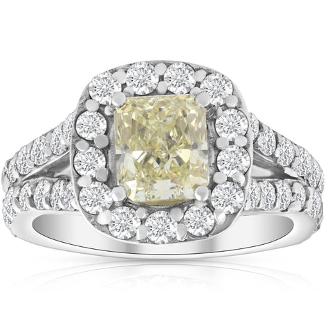 3 3/4Ct Fancy Yellow Cushion Diamond Halo Engagement Ring 10k White Gold