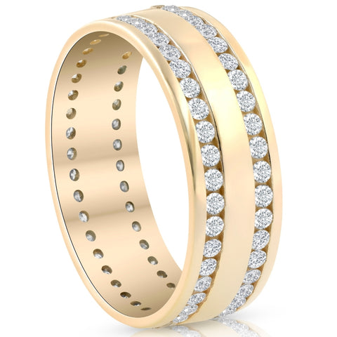 Mens 1 3/8Ct Diamond Eternity Ring 10k Yellow Gold Double Row High Polished