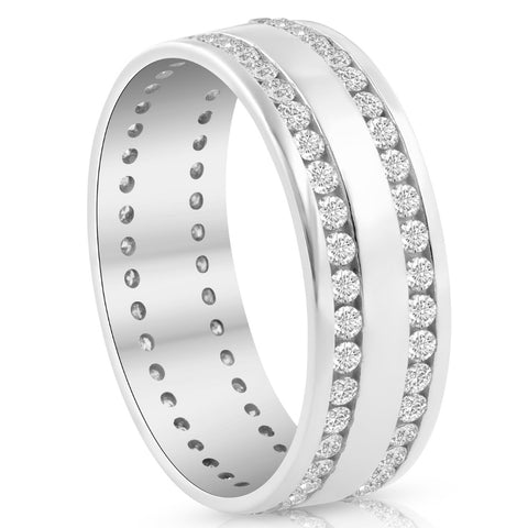 Mens 1 3/8Ct Diamond Eternity Ring 10k White Gold Double Row High Polished