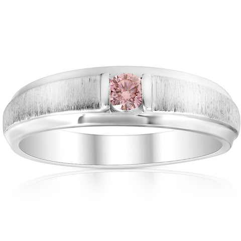Mens Brushed Pink Diamond Lab Grown Wedding Brushed Anniversary Ring White Gold
