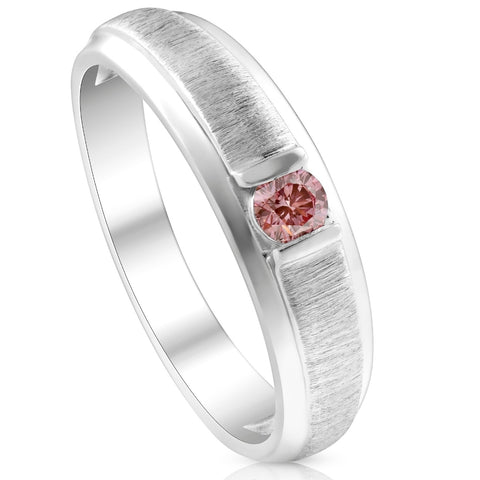 Mens Brushed Pink Diamond Lab Grown Wedding Brushed Anniversary Ring White Gold