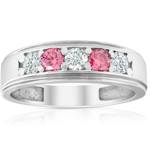 1 Ct T.W. Pink & White Lab Grown Diamond Mens Wedding Ring 5-Stone White Gold