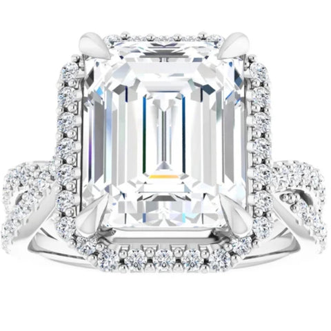 VS 5.75Ct Emerald Cut Moissanite & Diamond Ring in White Yellow or Rose Gold