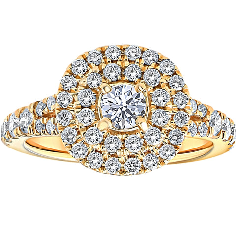 1 Ct TW Natural Diamond Cushion Halo Engagement Ring in Yellow Gold