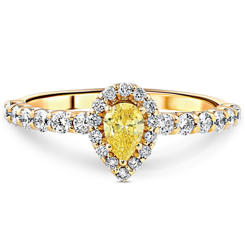 3/4CT Fancy Yellow Pear Lab Grown Diamond Halo Engagement Ring Yellow Gold
