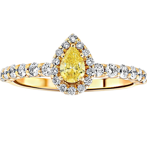 3/4CT Fancy Yellow Pear Diamond Halo Engagement Ring Yellow Gold