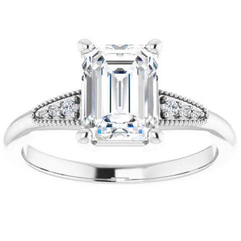 VS 1 3/4Ct Diamond & Emerald Cut Moissanite Vintage Engagement Ring White Gold