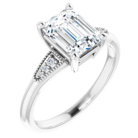 VS 1 3/4Ct Diamond & Emerald Cut Moissanite Vintage Engagement Ring White Gold