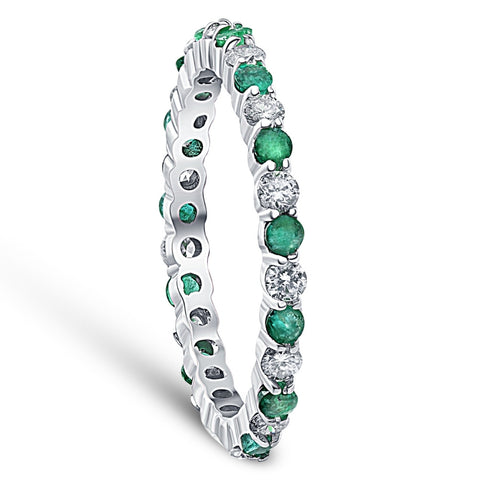1 cttw Emerald & Diamond Wedding Eternity Stackable Ring 10k White Gold