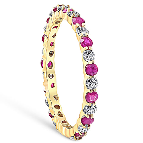1 cttw Ruby & Diamond Wedding Eternity Stackable Ring 10k Yellow Gold
