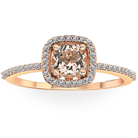 1 Ct Cushion Halo 6mm Morganite & Diamond Rose Gold Engagement Anniversary Ring