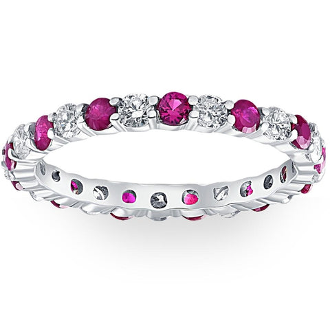 1 cttw Ruby & Diamond Wedding Eternity Stackable Ring 10k White Gold