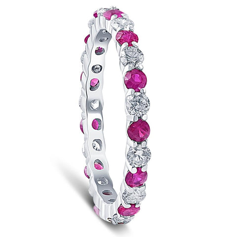 1 cttw Ruby & Diamond Wedding Eternity Stackable Ring 10k White Gold