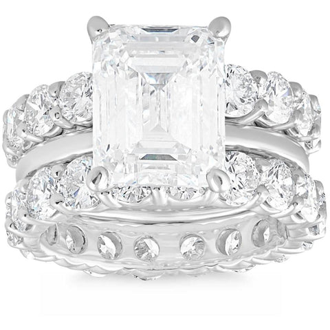 VVS 11Ct Emerald Cut Moissanite & Lab Grown Diamond Engagement Eternity Ring Set