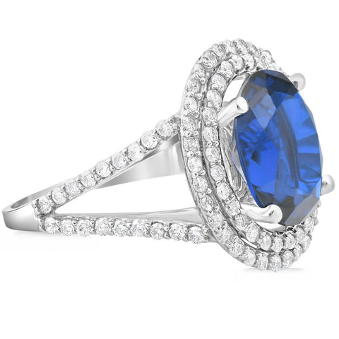 6 1/5 Ct Huge Diamond Oval Blue Sapphire Diamond Double Halo Ring White Gold