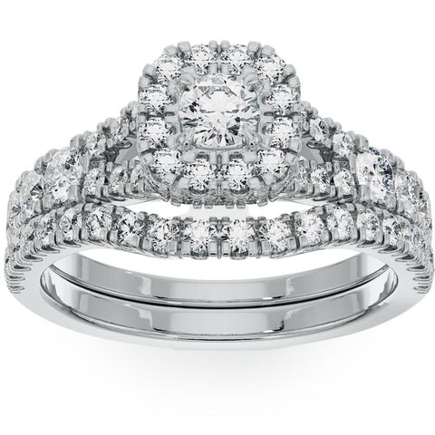 1 1/4Ct Cushion Halo Diamond Engagement Wedding Ring Set in White or Yellow Gold