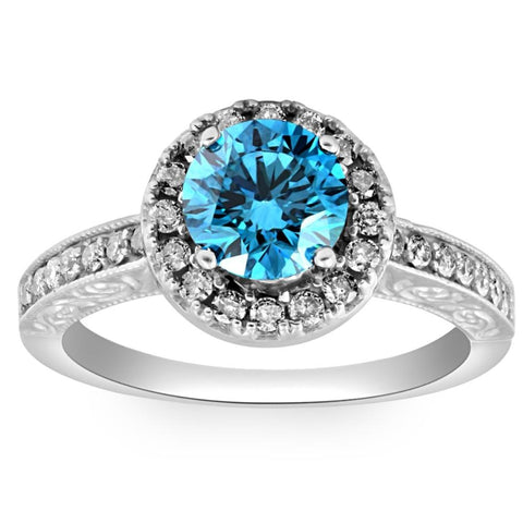 2 cttw Blue Diamond Halo Engagement Ring Hand Engraved White Gold Band