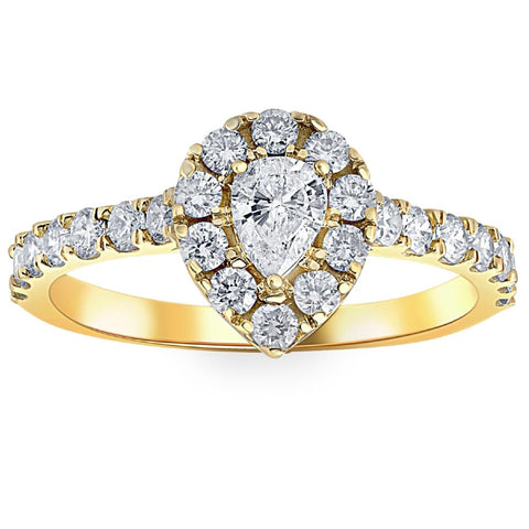 1Ct Pear Shape Diamond Halo Engagement Ring in White, Yellow, or Rose Gold