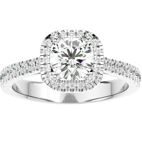 1 1/6Ct Moissanite & Diamond Cushion Halo Engagement Ring White or Yellow Gold
