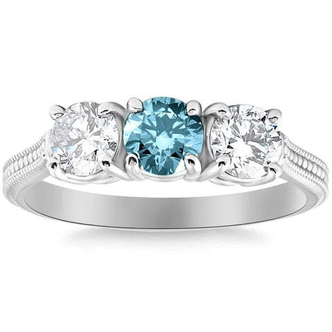 1 1/2Ct Blue Diamond Three Stone Vintage Accent Engagement Ring in 10k Gold