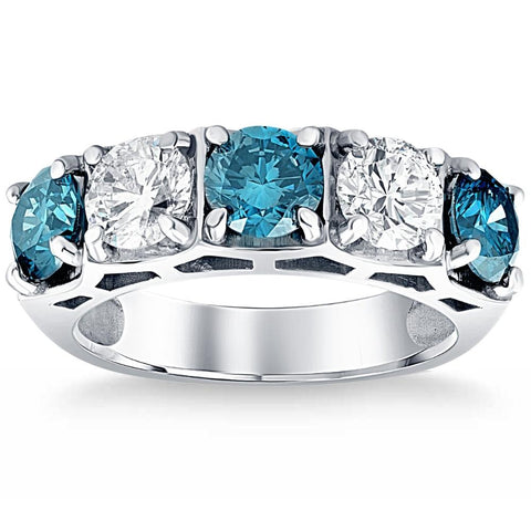 3 1/4Ct TW Five Stone Blue Diamond Wedding Ring 10k White Gold Lab Grown Band
