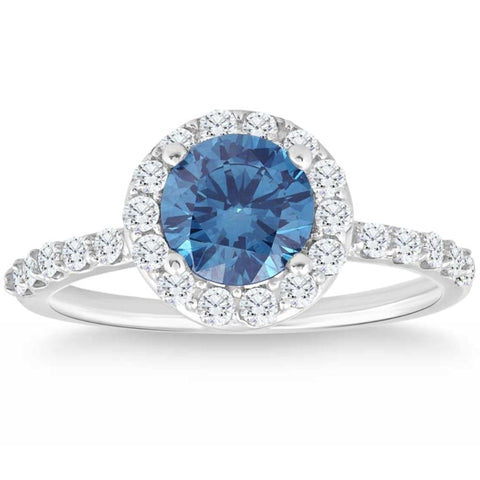 2Ct TW Blue & White Diamond Halo Engagement Ring in 14k White Gold