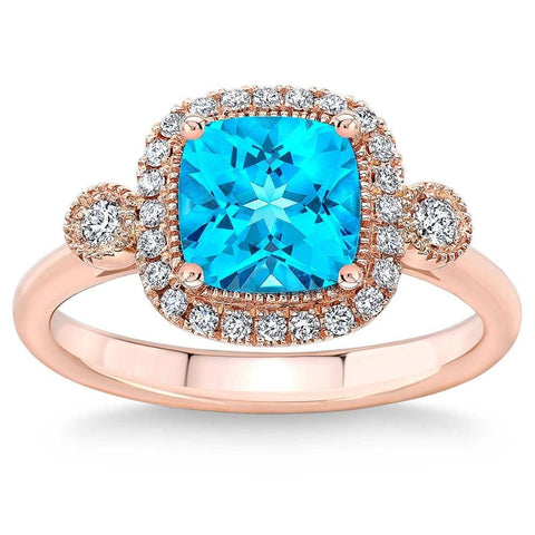 2Ct TW Blue Cushion Topaz & Diamond Halo Engagement Ring in 14k Rose Gold