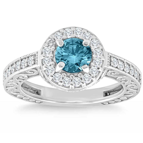 1Ct Blue & White Diamond Halo Vintage Engagement Ring Lab Grown 14k White Gold