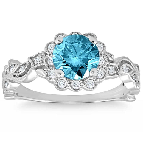 1 3/4Ct Blue Diamond Vintage Halo Engagement Ring 14k White Gold Lab Grown Vine