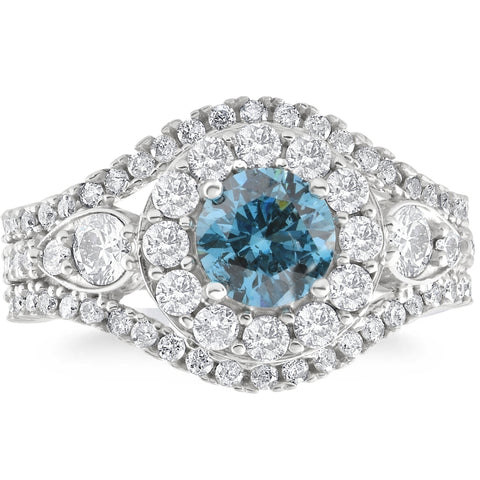 2Ct TW Blue & White Diamond Multi Row Engagement Ring in 14k White Gold