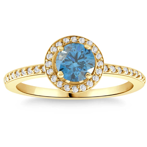 1 1/3Ct TW Blue & White Diamond Halo Engagement Ring in 14k Yellow Gold