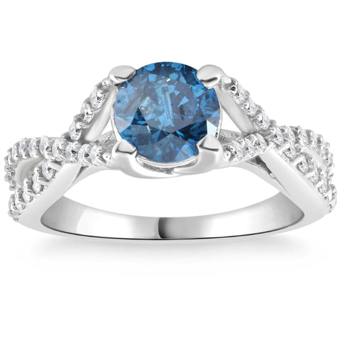 1 5/8Ct Blue & White Diamond Infinity Twist Engagement Ring 14k White Gold