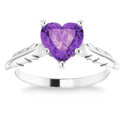 7mm Amethyst Solitaire Heart Shape Leaf Accent Ring in 14k White or Yellow Gold