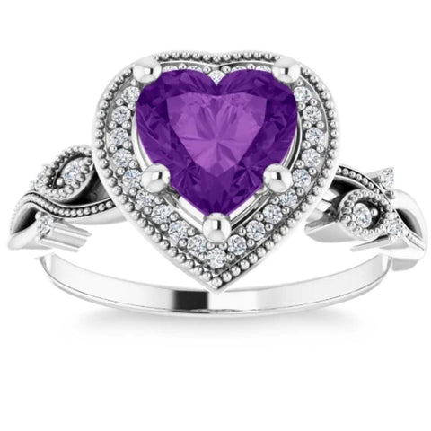 7mm Amethyst Vintage Diamond Heart Shape Halo Ring in 14k White or Yellow Gold