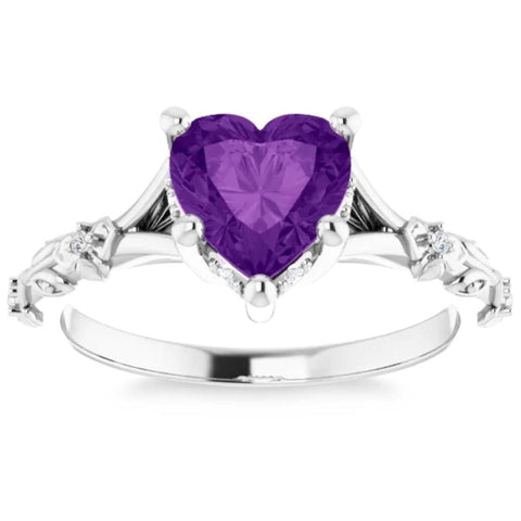 7mm Amethyst Vintage Diamond Heart Shape Leaf Ring in 14k White or Yellow Gold