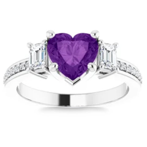 7mm Amethyst Vintage Diamond Heart Shape Accent Ring in 14k White or Yellow Gold