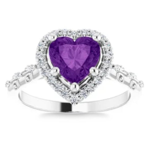 7mm Amethyst Halo Diamond Heart Shape Accent Ring in 14k White or Yellow Gold