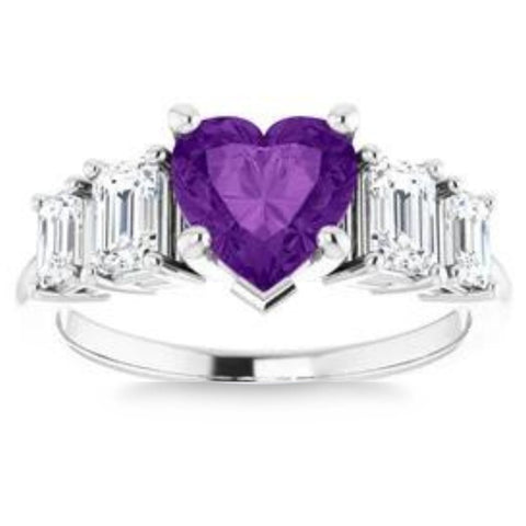 7mm Amethyst Five-Stone Diamond Heart Shape Ring in 14k White or Yellow Gold