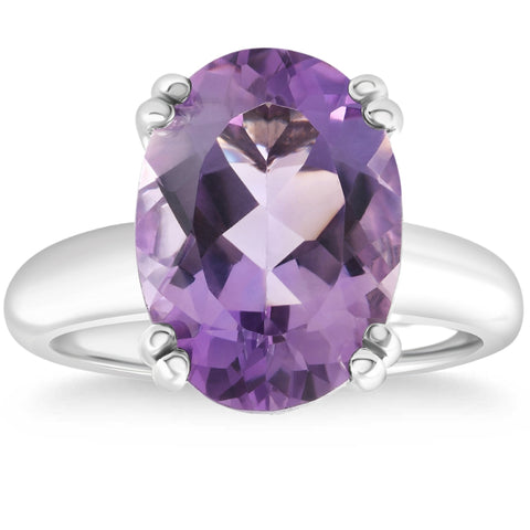 4Ct Large 10x8mm Oval Amethyst Solitaire Ring 10k White Gold