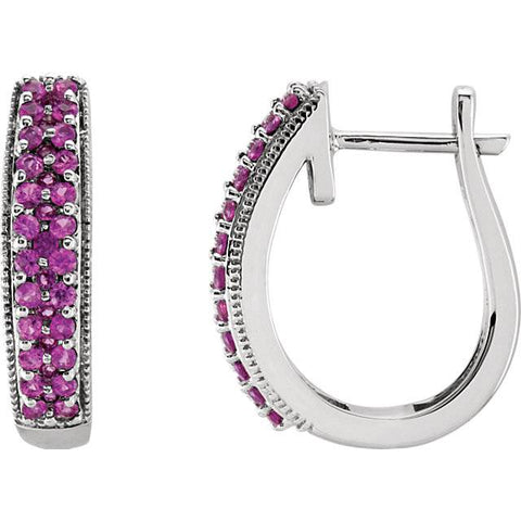 7/8ct Genuine Pink Sapphire Pave Hoops 14K White Gold 18.5mm Tall