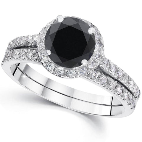 2 1/2 Ct Treated Black Diamond Halo Engagement Wedding Ring Set 14K White Gold