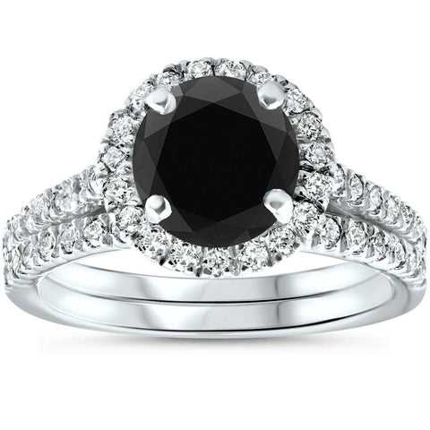 2 1/2 cttw Black Diamond Halo Engagement Wedding Ring Set White Gold Treated