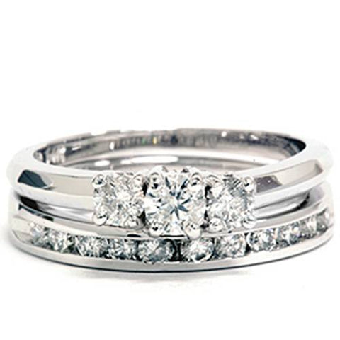 1ct Diamond Engagement Wedding Ring Set 3-Stone Channel Set Round Cut Solitaire